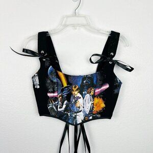 Hand Crafted Black Star Wars Movie Poster Corset Top with Ribbon Tie Straps